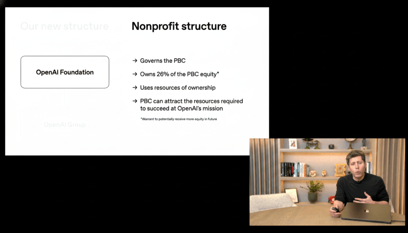 A man in a black shirt is speaking while sitting at a wooden desk with a laptop, with a presentation slide titled Nonprofit structure displayed in the background.