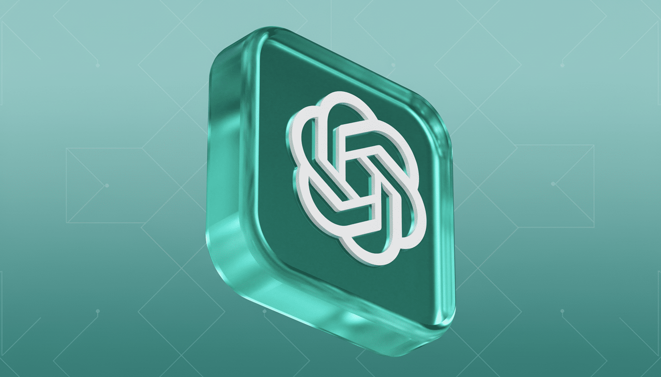 A 3D rendered OpenAI logo, white and stylized as an abstract knot, set within a translucent green- blue glass square with rounded corners. The backgro