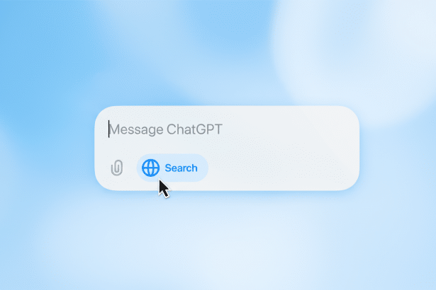 A close-up of a Message ChatGPT input field with a search button featuring a globe icon and a paper clip icon, set against a soft, light blue blurred