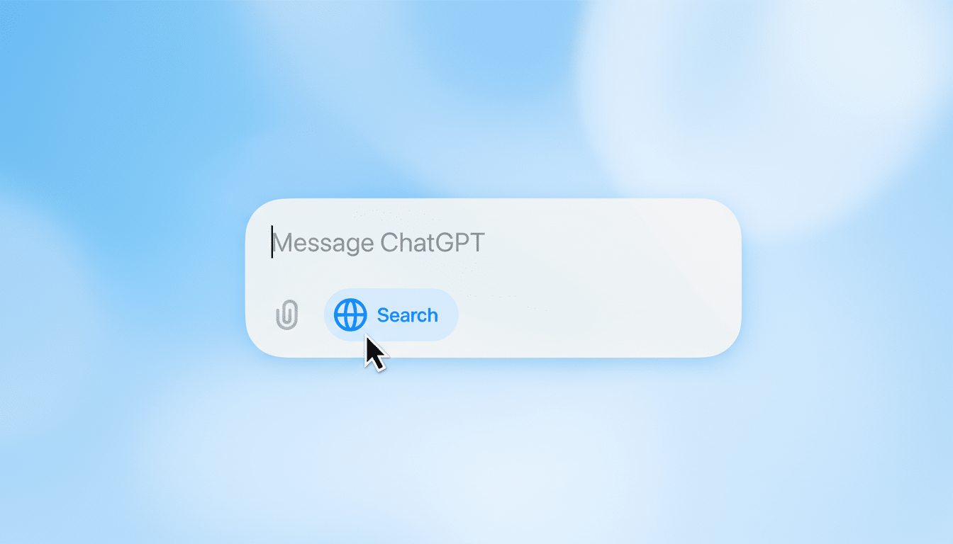 A close-up of a Message ChatGPT input field with a search button featuring a globe icon and a paper clip icon, set against a soft, light blue blurred