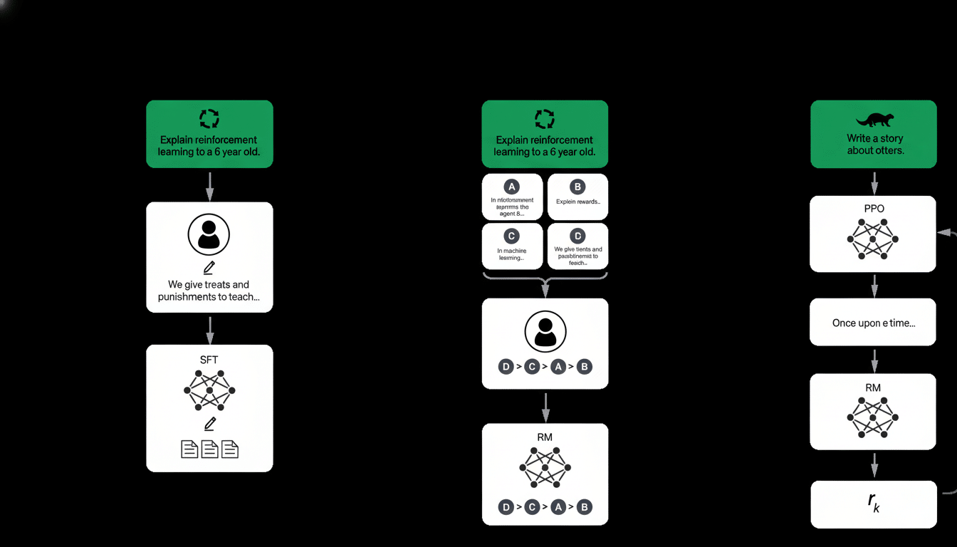 A professional diagram illustrating three different reinforcement learning approaches: SFT, RM, and a story- generating model about otters, all presen
