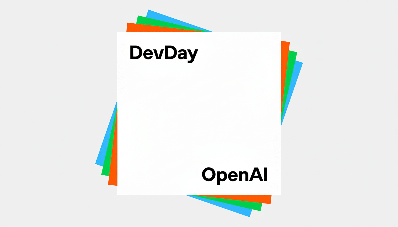 OpenAI DevDay logo on a gray background with colorful papers underneath.