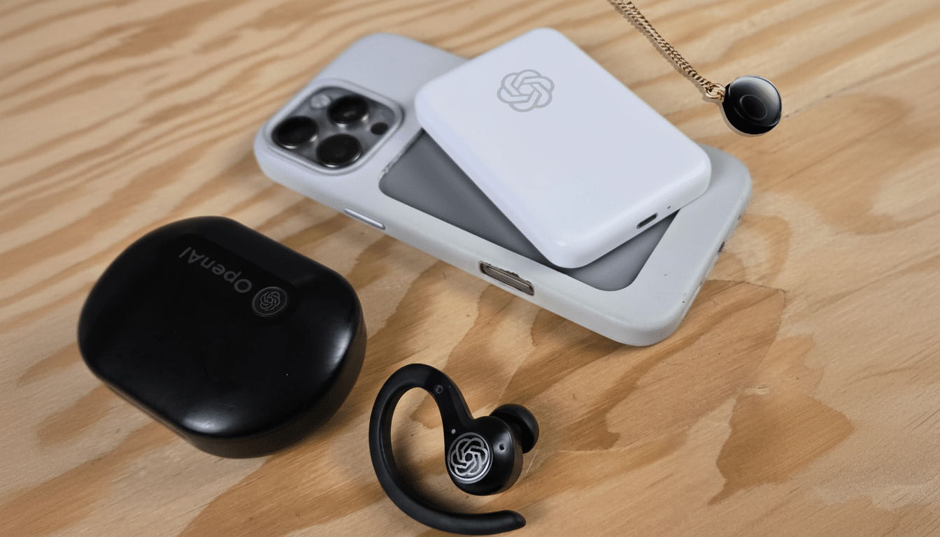 An OpenAI - branded black earbud case, a single black ear bud, a white device with the OpenAI logo, and a smartphone in a light grey case, all resting
