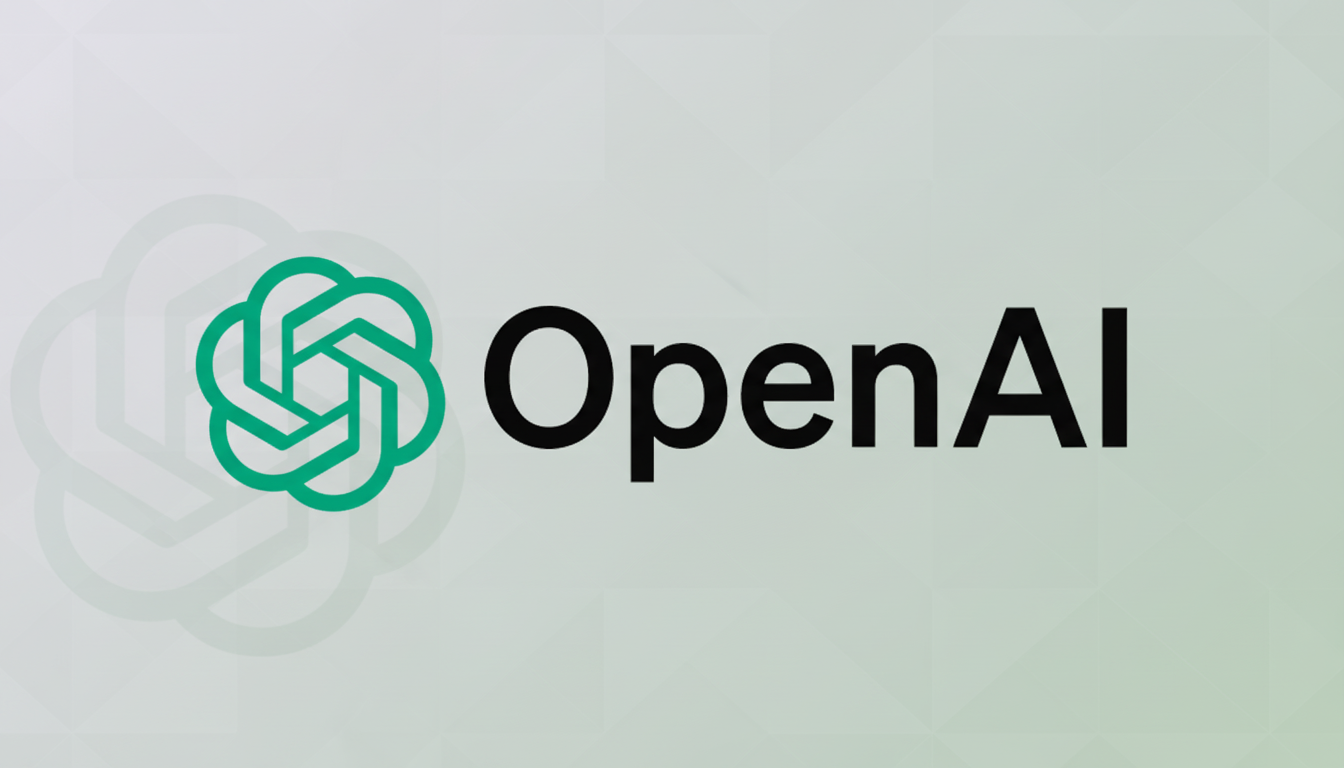 The OpenAI logo, featuring a green knot-like emblem to the left of the black text OpenAI, presented on a professional flat design background with a subtle gradient and faint patterns, resized to a 16:9 aspect ratio.
