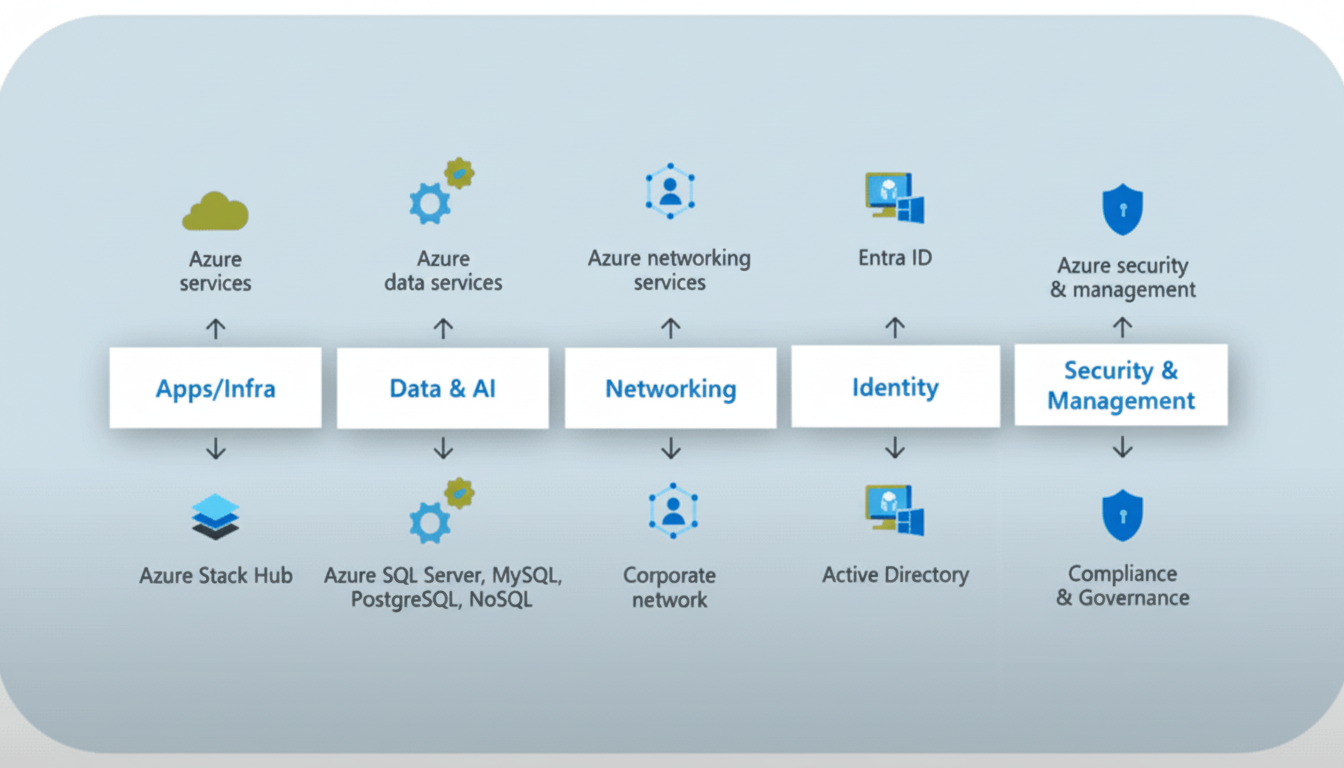 A diagram illustrating Azures services categorized into Apps/Infra, Data & AI, Networking, Identity, and Security & Management, with corresponding underlying technologies.