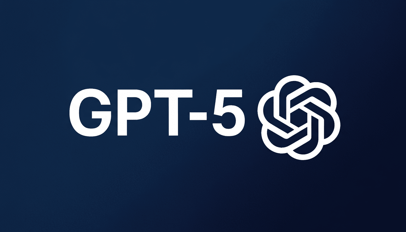 The text GPT-5  in white, next to the white OpenAI logo, on a dark blue background .