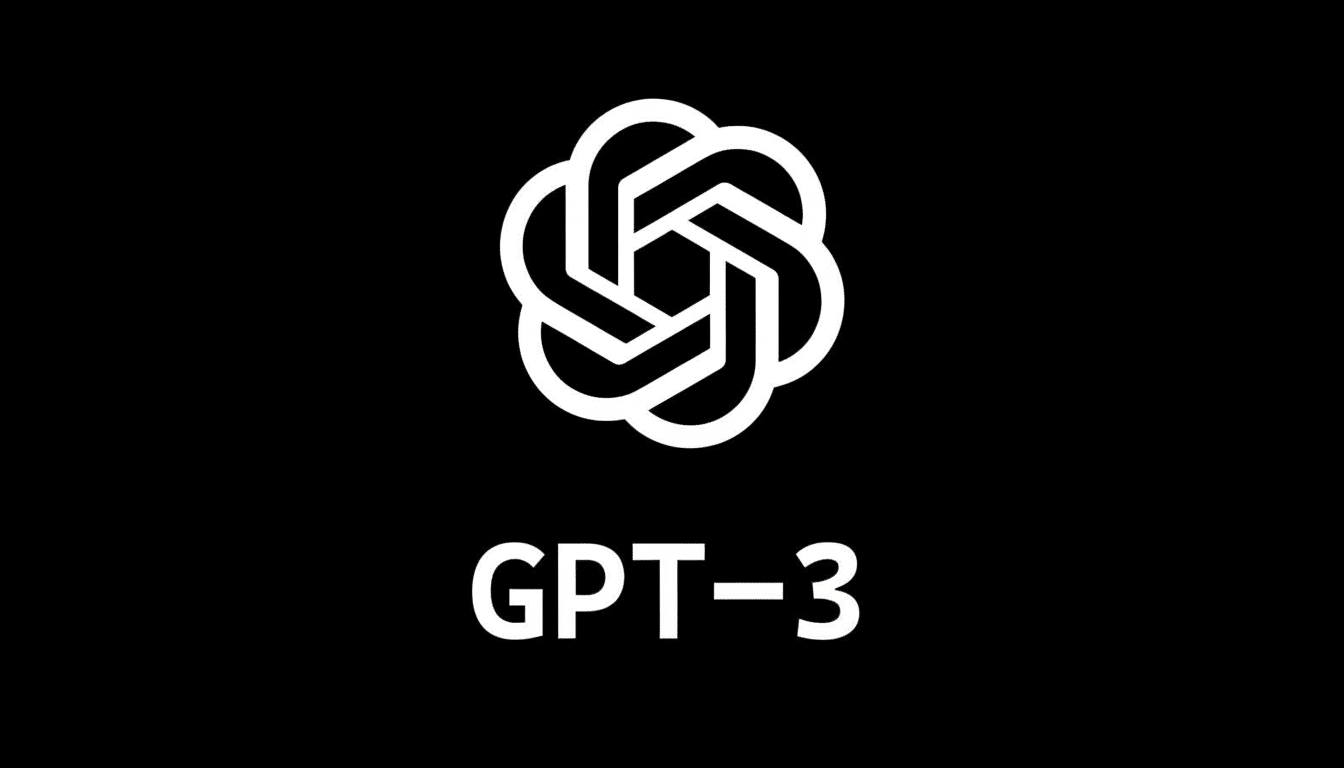 The OpenAI logo, a white intricate knot - like design, is centered above the white text GPT- 3 on a solid black background. The image is presented in