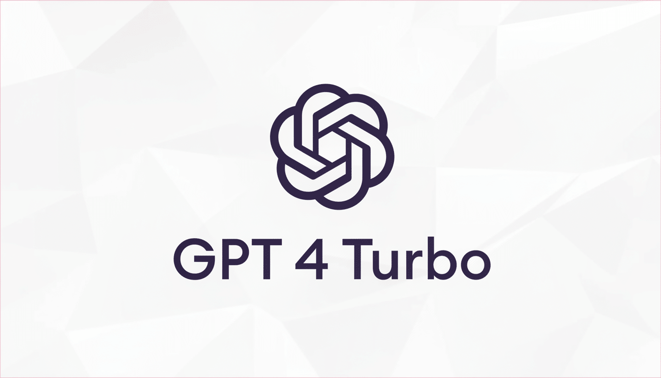 The OpenAI logo with the text GPT 4 Turbo below it, set against a subtle, geometric white and grey background with a pink border, resized to a 1 6: 9