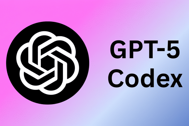 The OpenAI logo, a black circle with a white abstract knot design, next to the text GPT-5 Codex on a background with a pink and blue gradient.