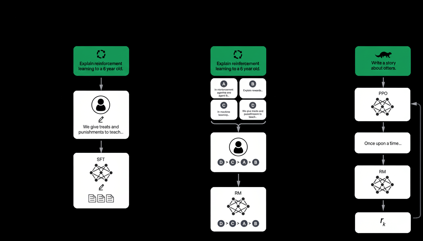 A professional diagram illustrating three different AI learning processes , each beginning with a task in a green box. The first path details Explain reinforcement learning to a 6 year old, moving from a human icon explaining treats and punishments, to an SFT model. The second path, also starting with Explain reinforcement learning to a 6 year old, shows a sequence of steps ( A, B, C, D) followed by a human icon and then an RM model. The third path, titled Write a story about otters with an otter icon , progresses through P PO, Once upon a time ..., RM, and finally rk , all interconnected with arrows . The diagram is presented on a clean, black background, highlighting the white and green elements .