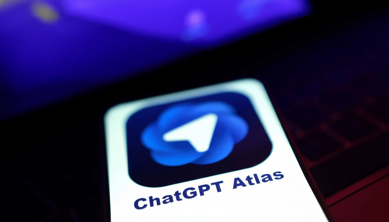 The  ChatGPT Atlas app icon displayed on a smartphone screen , with a dark and blurred background in blue and purple tones.