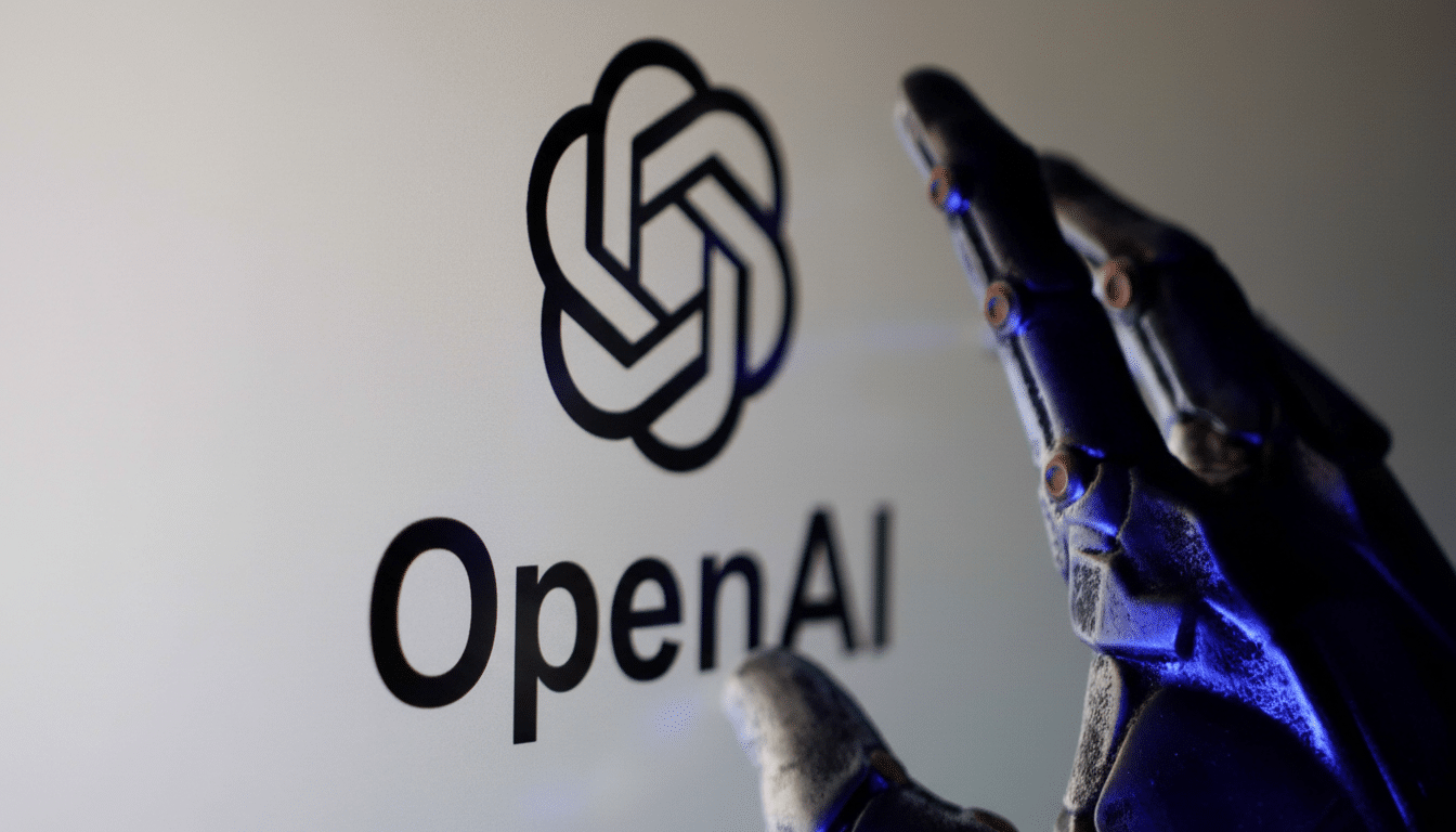 The OpenAI logo and name are displayed on a white background, with a robotic hand reaching towards it, bathed in a blue light.