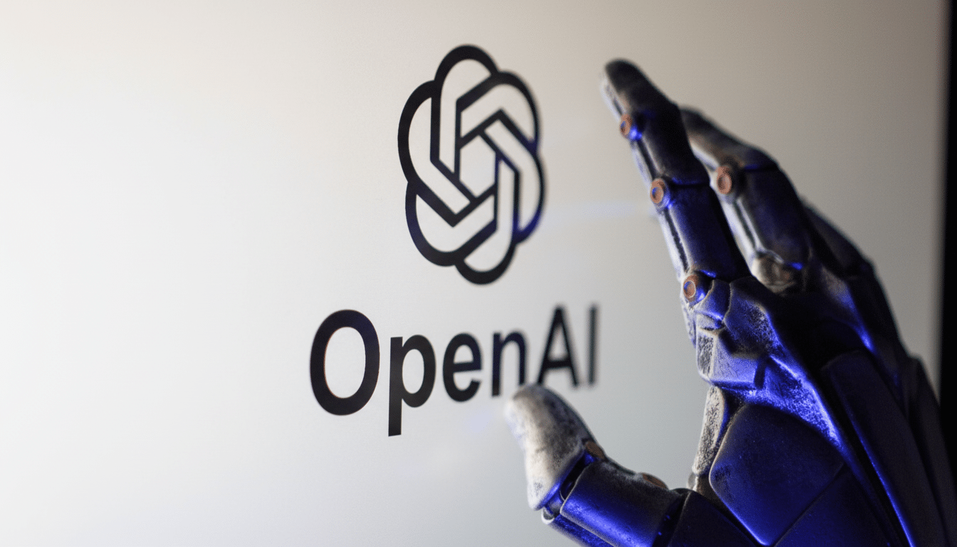 alt = Text: A robotic hand touches a screen displaying the OpenAI logo and text.