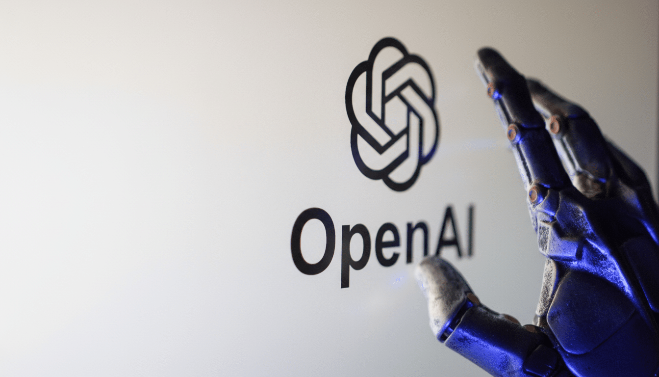 The OpenAI logo and name are displayed on a screen, with a robotic hand reaching towards it , suggesting interaction with AI technology. Filename : openailogo robothand 16 9.png