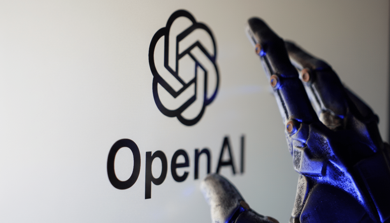 A professional enhancement of the OpenAI logo and text, displayed with a robotic hand in the foreground, resized to a 1 6: 9 aspect ratio.