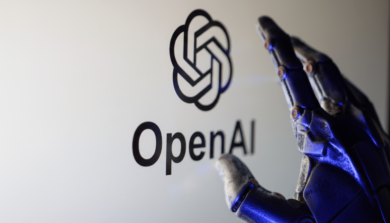 The OpenAI logo and name are displayed on a screen, with a robotic hand reaching towards it , presented in a 1 6:9 aspect ratio. Filename : openailogo robothand 16x 9.png