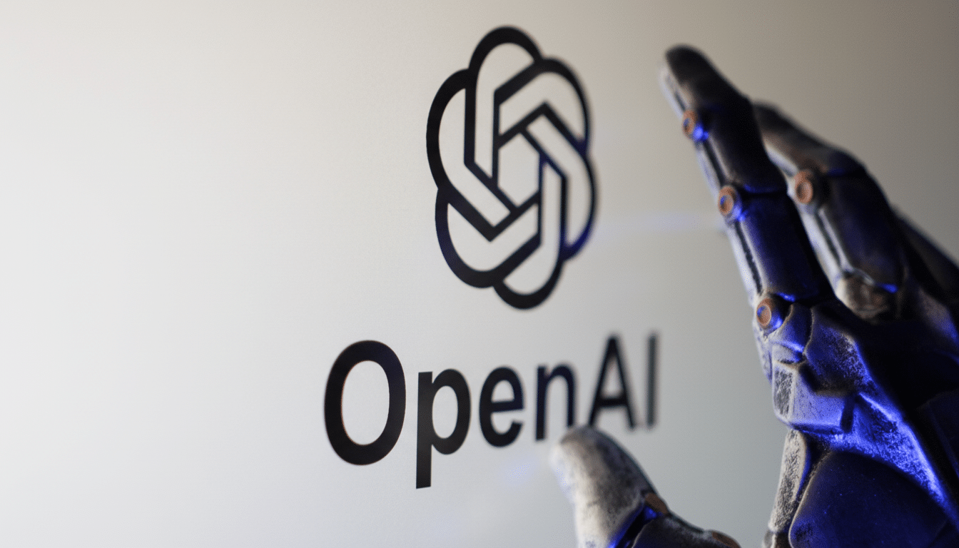 The OpenAI logo and name are displayed on a white background, with a metallic robotic hand partially visible on the right, extending towards the logo.