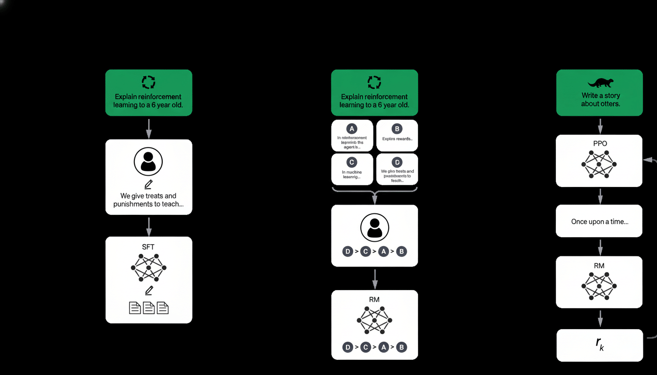 A professional diagram illustrating three different AI learning models, each originating from a green box with a unique icon and text , leading down through various steps including human interaction , text documents , and neural network diagrams, all against a dark background .