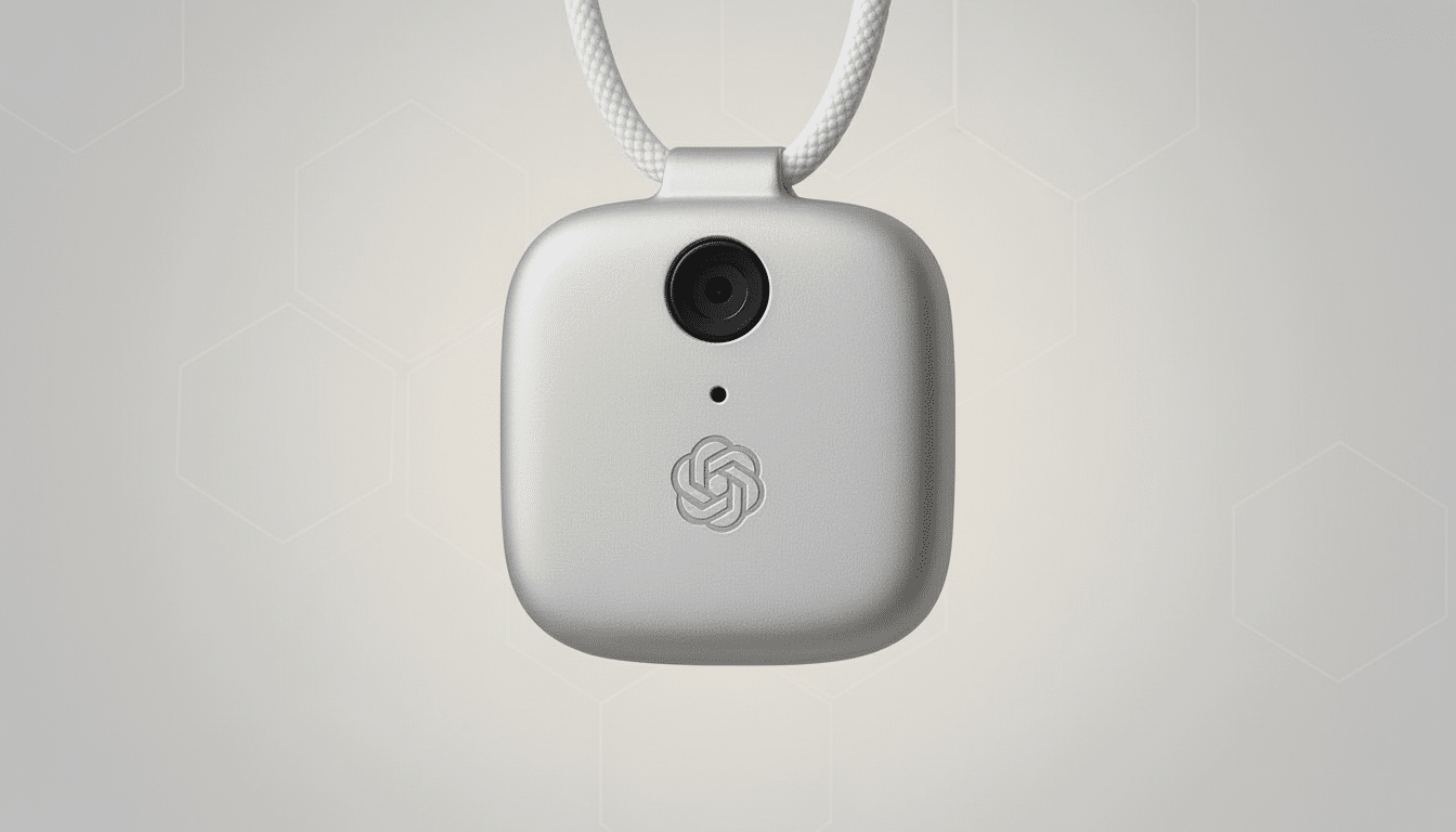 A silver, rounded square device with a camera lens and the OpenAI logo, suspended from a white cord, set against a subtle, light gray background with
