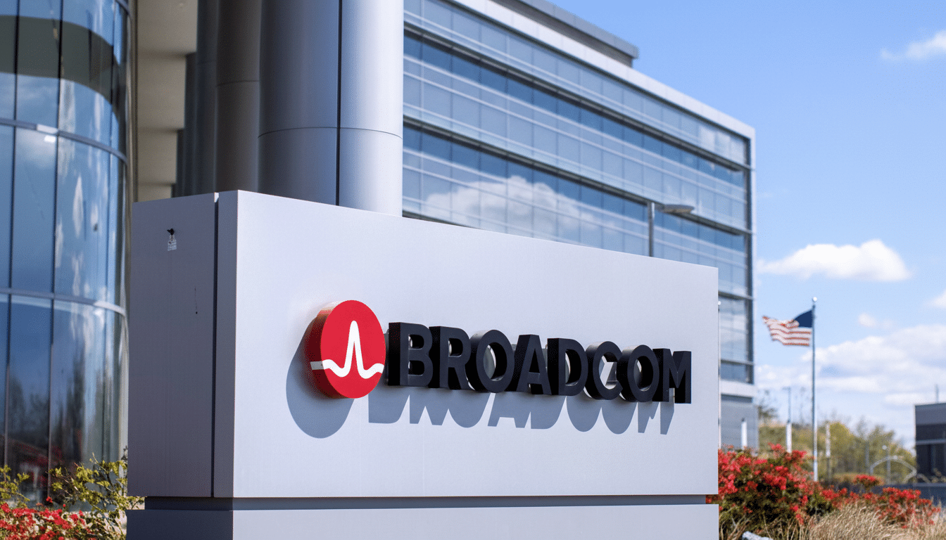 The Broadcom logo sign stands in front of a modern glass building under a blue sky, with an American flag visible in the background.