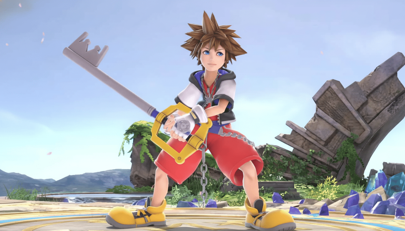A 16:9 aspect ratio image of Sora from Kingdom Hearts, wielding his Keyblade, standing on a platform with a scenic background. Filename : sora keyblade1 69. png