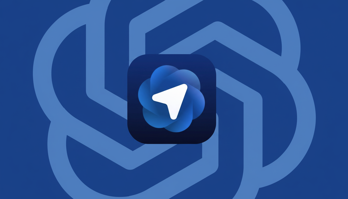 A 16:9 aspect ratio image featuring a dark blue app icon with a white paper airplane symbol in the center, set against a blue background with a subtle, lighter blue geometric pattern.
