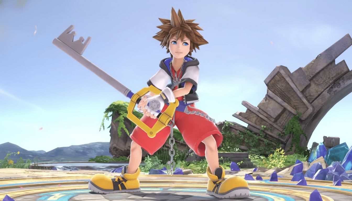 A 16:9 aspect ratio image of Sora from Kingdom Hearts, wielding his Keyblade, with his sp iky brown hair, blue eyes, and signature outfit , standing on a circular platform with a ruined structure and landscape in the background.