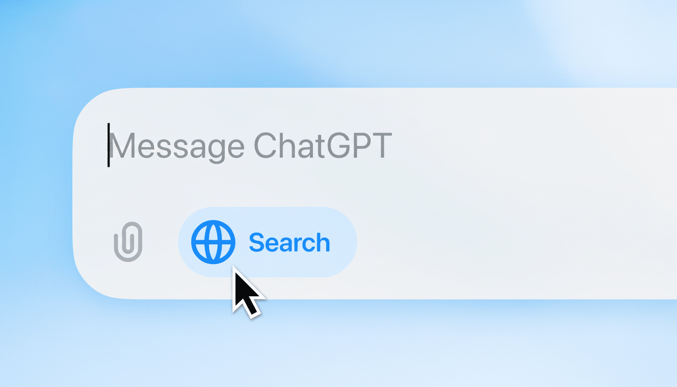 A close- up of a digital message input field labeled Message ChatGPT, with a cursor pointing at a blue Search button featuring a globe icon.