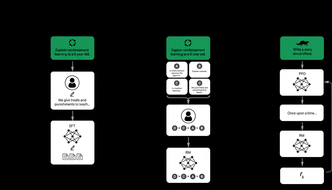 A professional diagram illustrating three different approaches to teaching an AI reinforcement learning, designed to explain the concept to a 6-year- old.