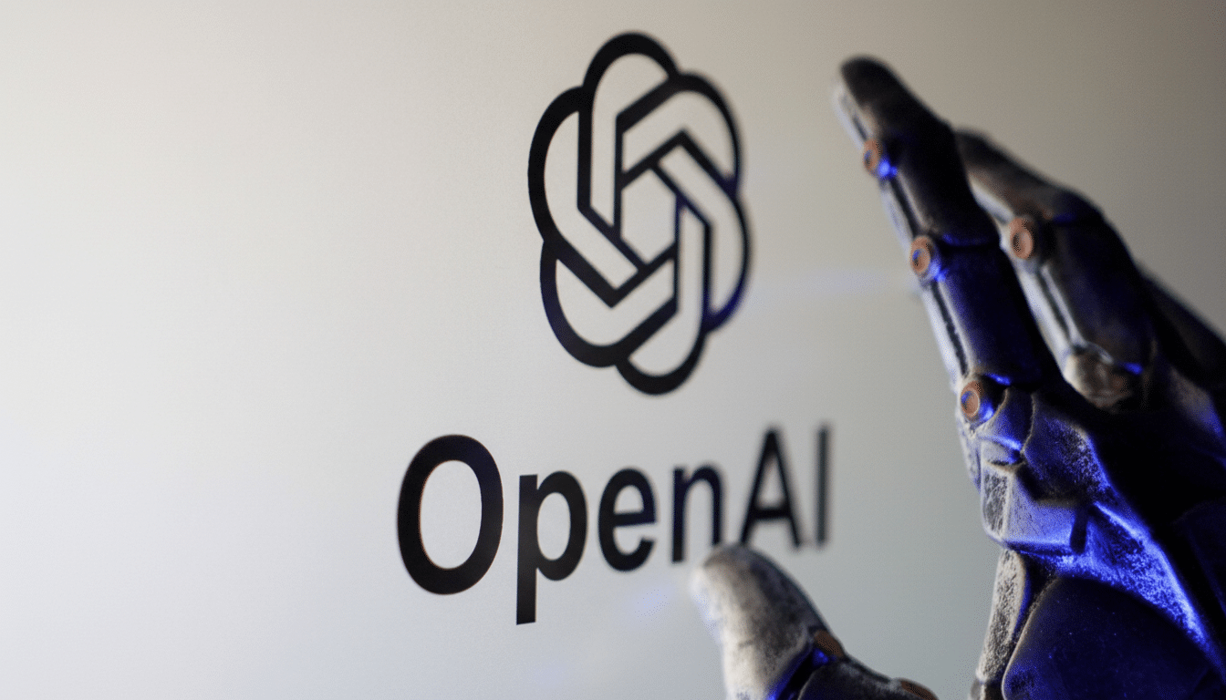 The OpenAI logo and name are displayed on a screen, with a robotic hand reaching towards it, showcasing the integration of AI and robotics.