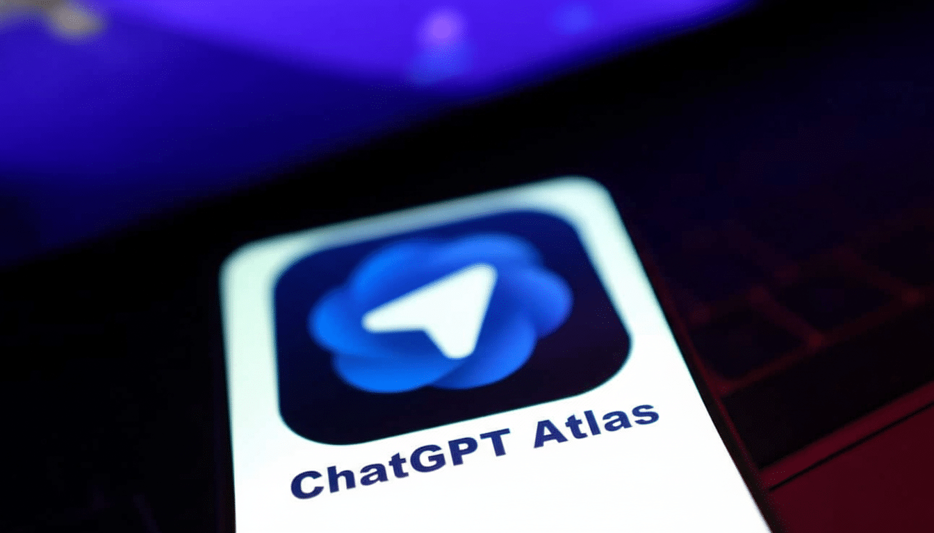 Close -up of a smartphone screen displaying the ChatGPT Atlas app with a blue , abstract logo resembling a paper airplane. Filename : chatgpt atlasapp. png