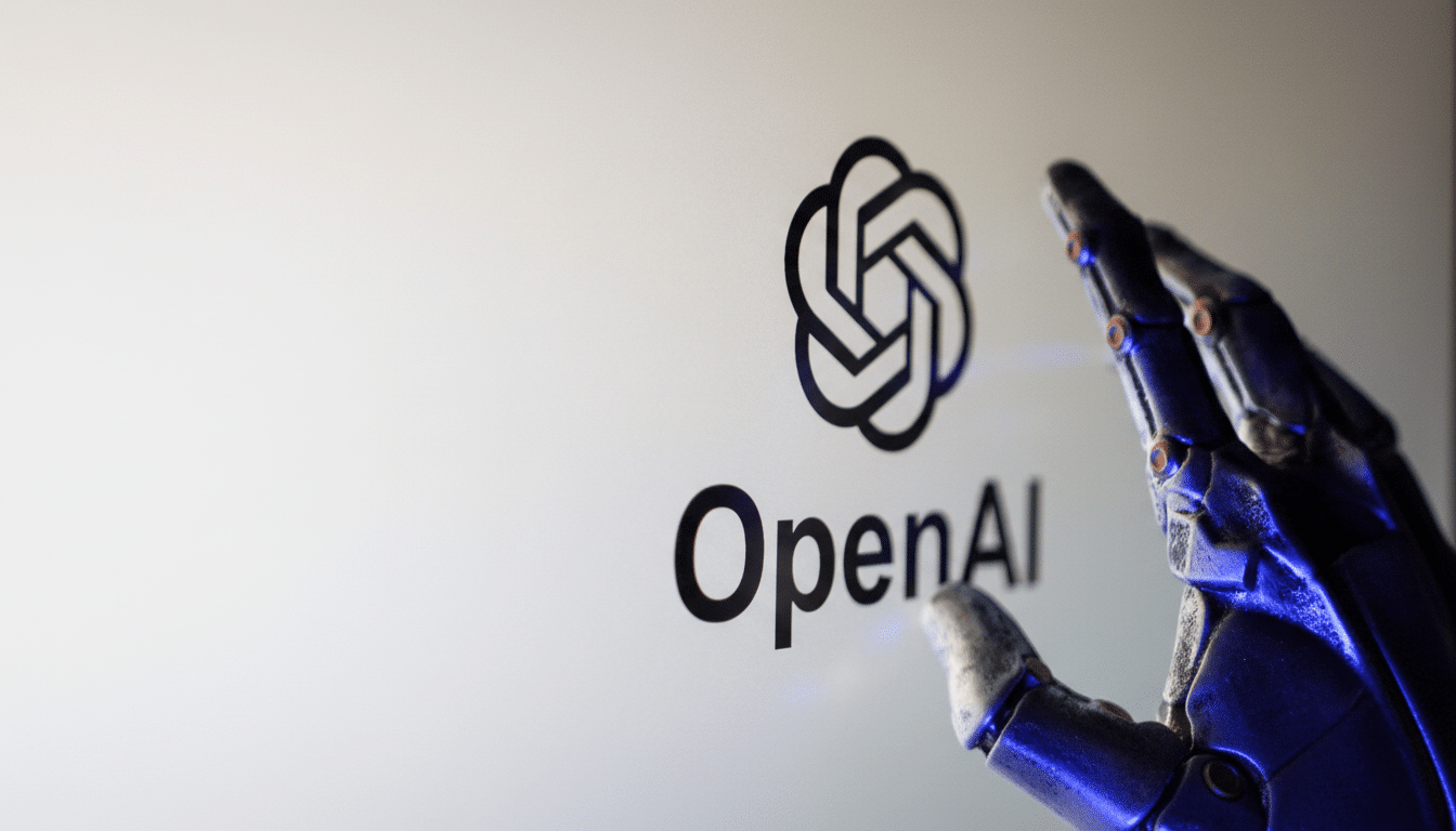 The OpenAI logo and text with a robotic hand reaching towards it, presented in a 16: 9 aspect ratio.