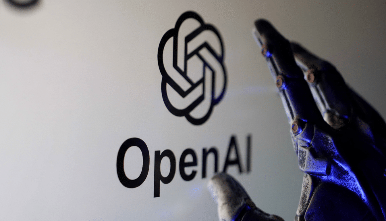 The OpenAI logo and name are displayed on a screen, with a robotic hand reaching towards it, showcasing artificial intelligence in a 16: 9 aspect rati