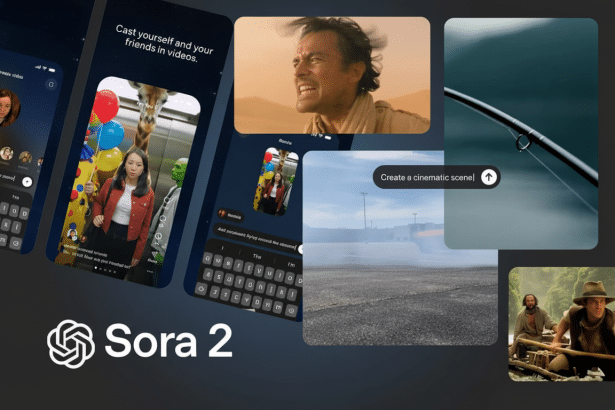 An image featuring the OpenAI Sora 2 logo with various video clips and smartphone interfaces demonstrating video generation capabilities , all set against a dark gray background.