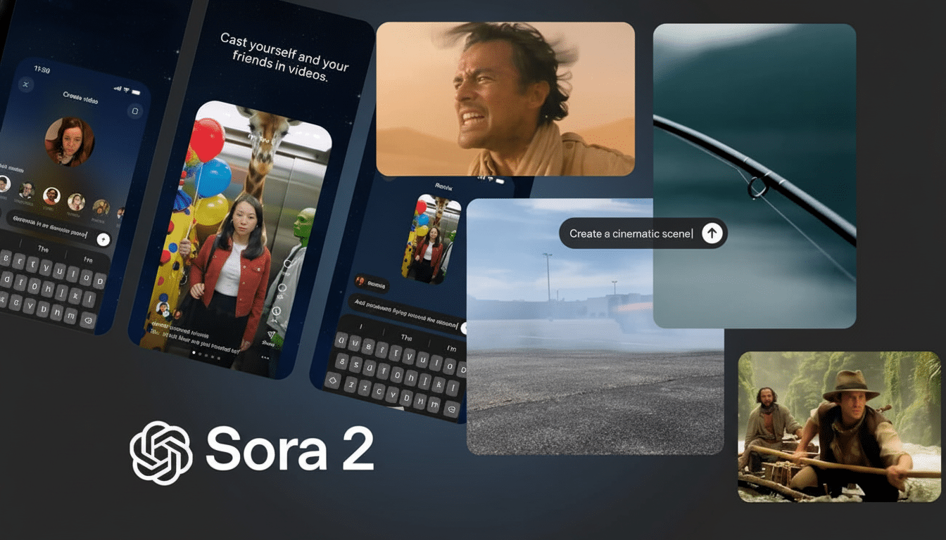 An image featuring the OpenAI Sora 2 logo with various video clips and smartphone interfaces demonstrating video generation capabilities , all set against a dark gray background.