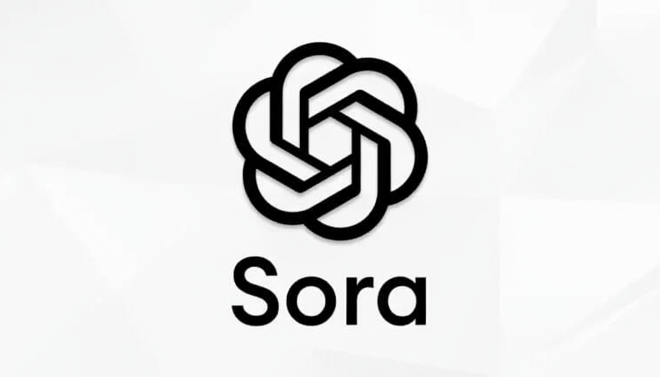 The Sora logo, featuring a black, abstract, knot-like design above the word "Sora" in black text, all set against a subtle light gray patterned background.