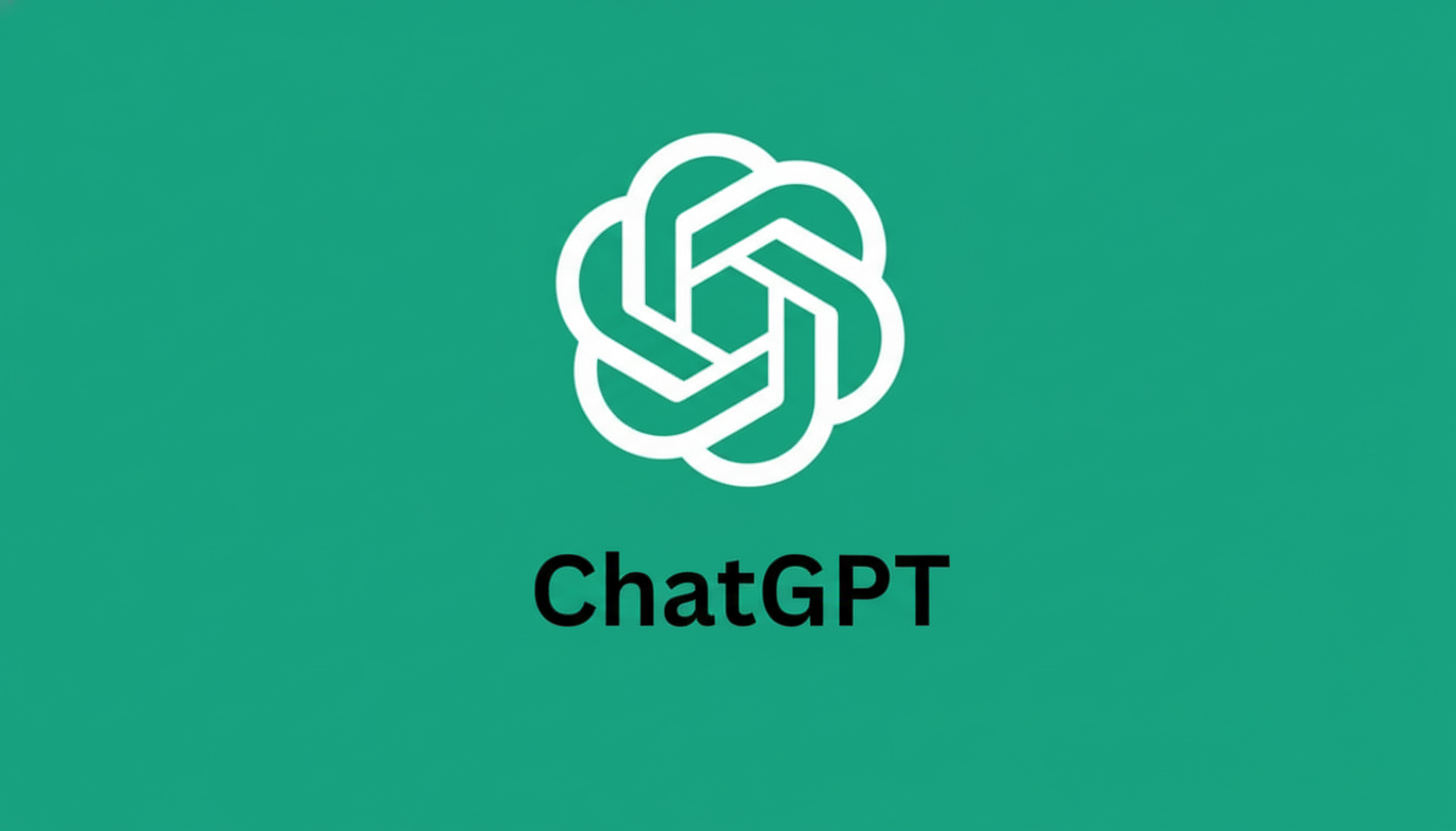 The ChatGPT logo, a white abstract knot-like design, centered above the black text ChatGPT on a solid teal background, resized to a 16:9 aspect ratio.