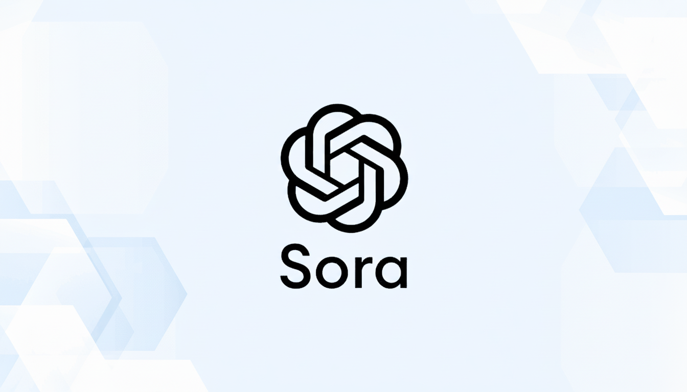 The Sora logo, featuring a black, intricate, knot-like design above the word Sora in black text, set against a light blue and white geometric background.