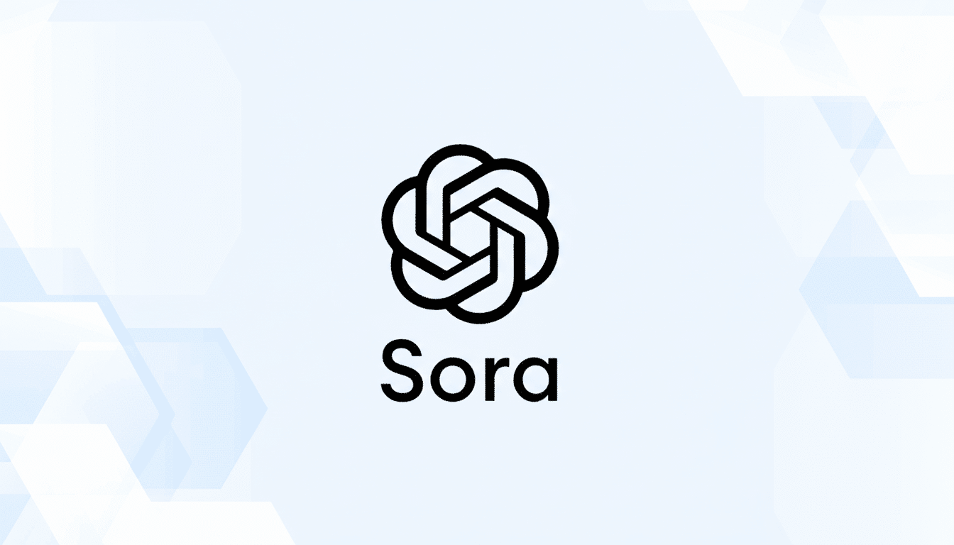 Text: The OpenAI Sora logo, a black abstract, geometric flower-like design above the word S ora