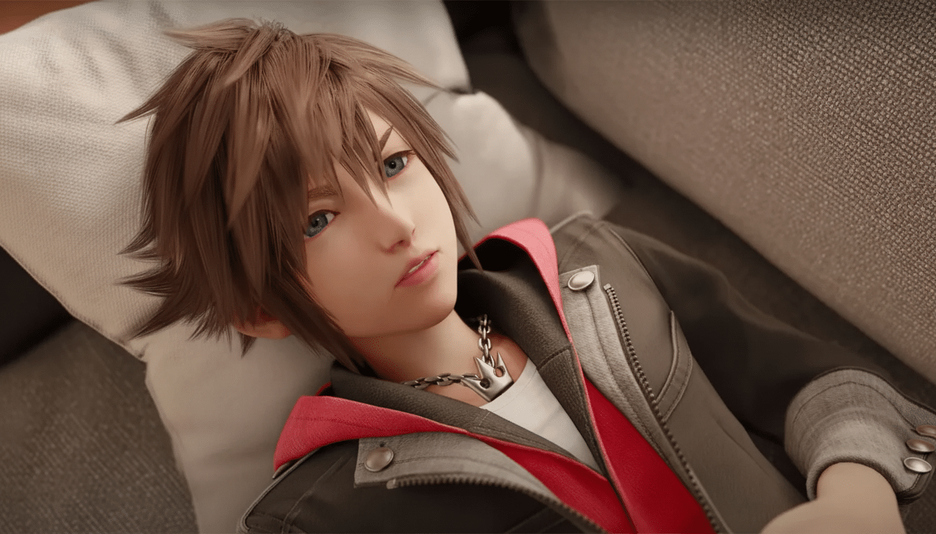 Sora from Kingdom Hearts lying on a couch with a neutral expression.