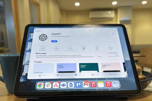 An iPad displaying the ChatGPT app page on the App Store , shown in a 16:9 aspect ratio. The screen shows the app's details , ratings , and preview sections , with the app icon prominently featured .