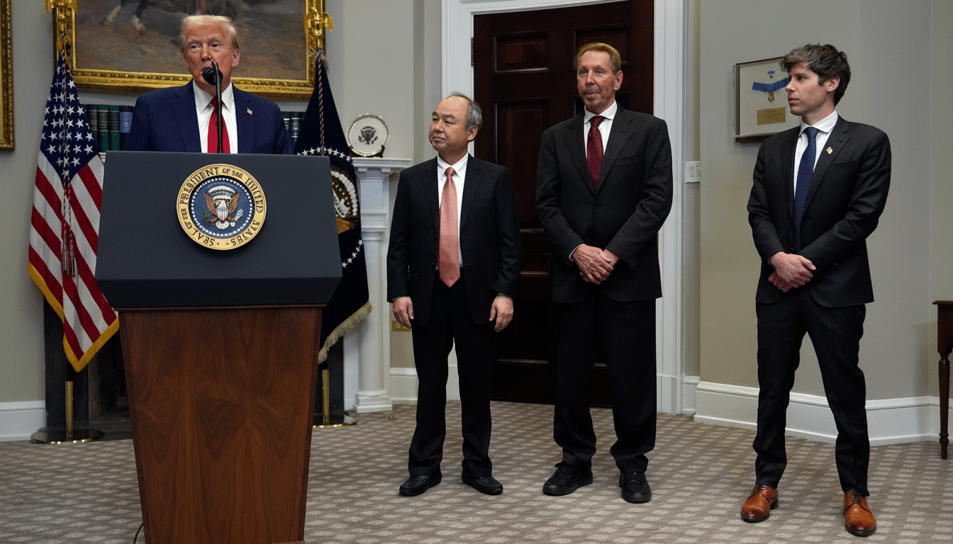 Donald Trump speaking at a podium with three other men standing to his right in a formal room .
