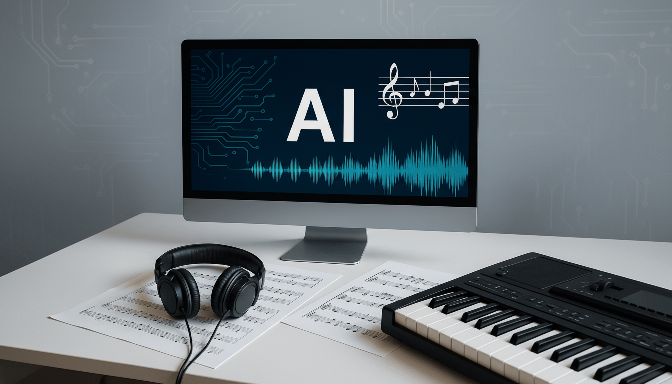 A computer monitor displaying AI and musical notes, with headphones, sheet music, and a keyboard on a desk.