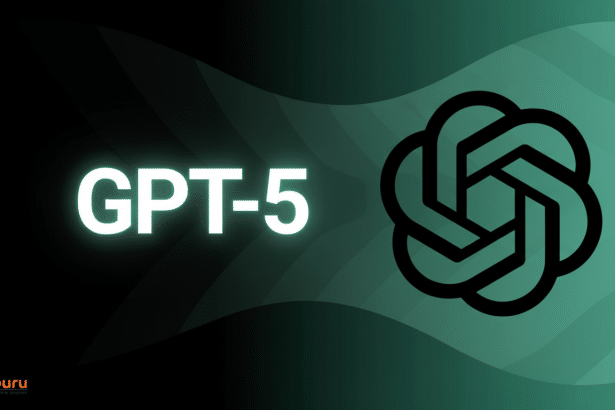 A professional 16:9 image featuring the text GPT -5 in glowing white letters on the left, and the black OpenAI logo on the right, all set against a dark background that transitions from black to a teal gradient with subtle wave patterns. The igmGuru logo is in the bottom left corner .