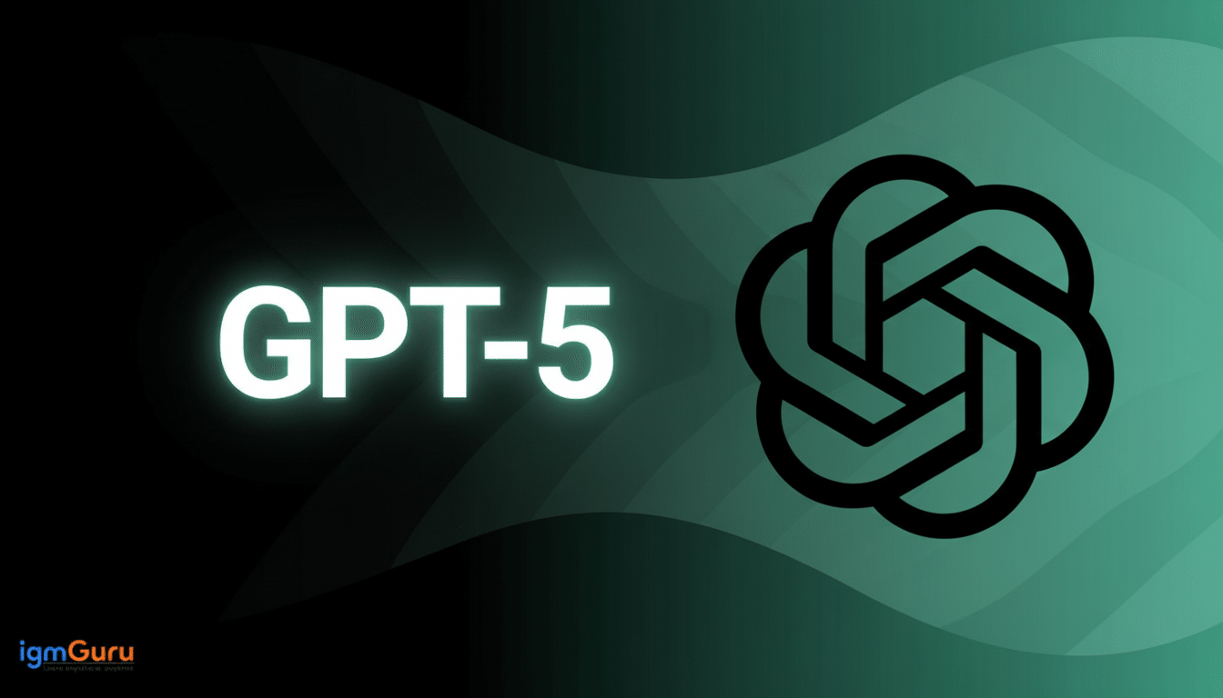 A professional 16:9 image featuring the text GPT -5 in glowing white letters on the left, and the black OpenAI logo on the right, all set against a dark background that transitions from black to a teal gradient with subtle wave patterns. The igmGuru logo is in the bottom left corner .