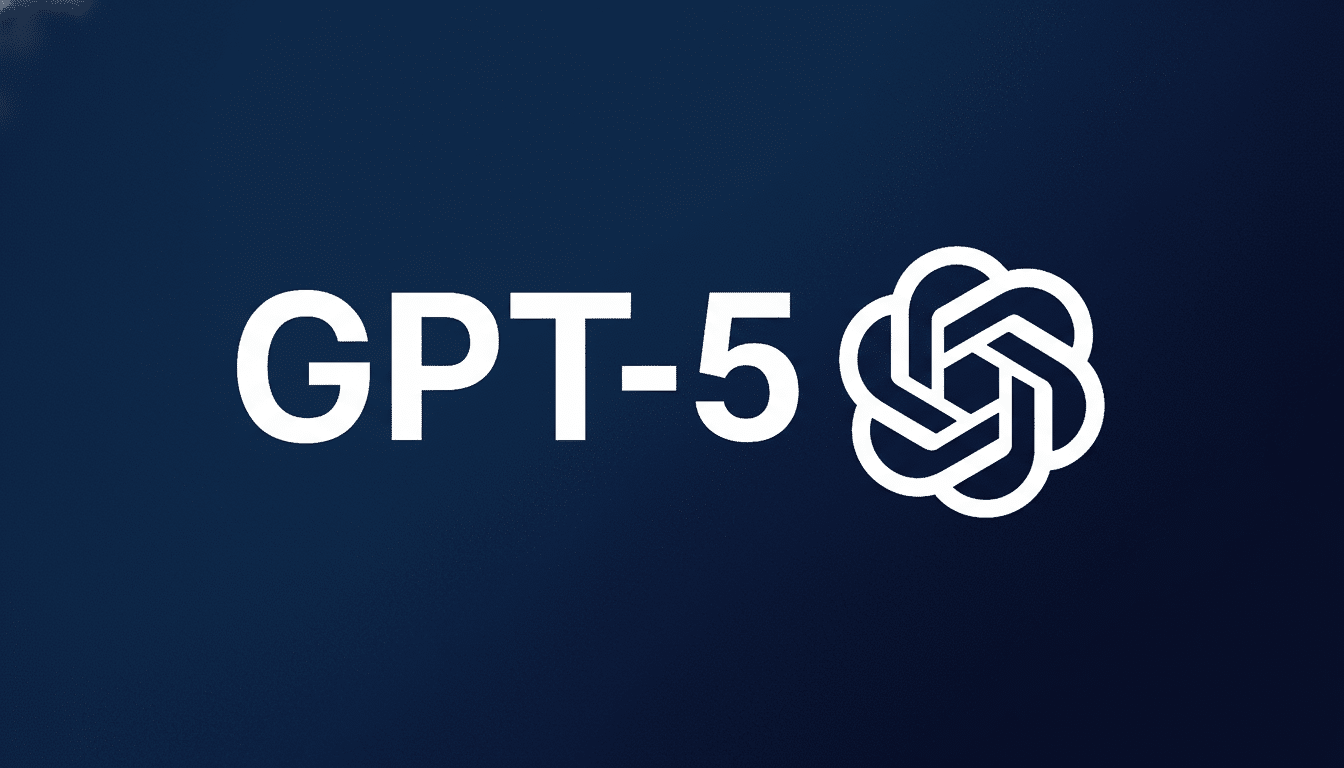 The text GPT-5 next to the OpenAI logo , presented on a dark blue background with a subtle gradient and soft patterns, resized to a 1 6:9 aspect ratio. Filename : gpt- 5openai logo16 x9. png