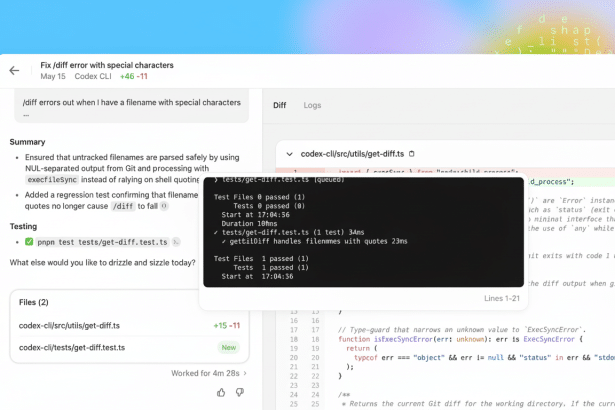 Screenshot of a code development interface showing a Fix / diff error with special characters commit, with details of file changes and a console outpu