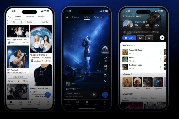 Three mobile phone screens displaying different interfaces of a music or social media application. The left screen shows an Explore feed with various