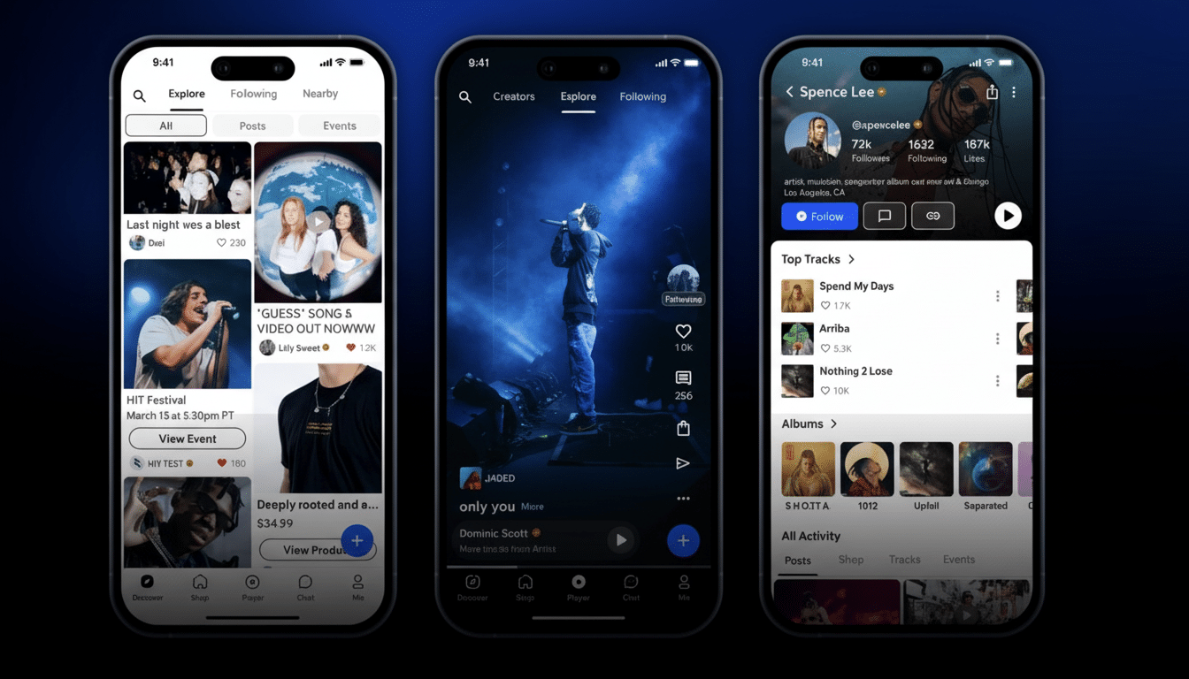 Three mobile phone screens displaying different interfaces of a music or social media application. The left screen shows an Explore feed with various