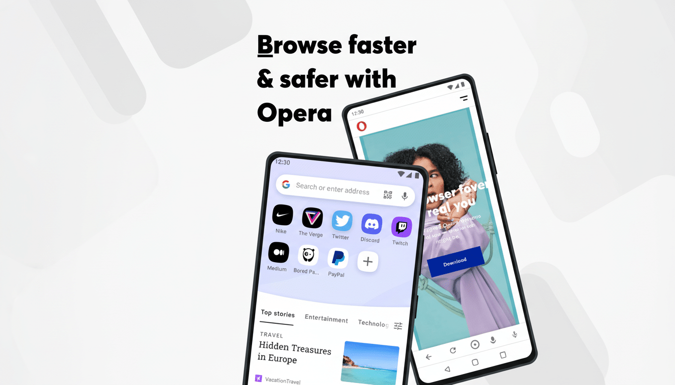 Two smartphones displaying the Opera browser interface . One phone shows the speed dial with various app icons, and the other displays a browser page featuring a woman . The text Browse faster & safer with Opera is prominently displayed on a white background with subtle grey patterns. Filename : operabrowser mobilead .png